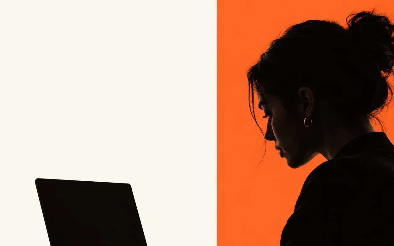 A person working at a laptop in silhouette, half against cream and half against flat orange.