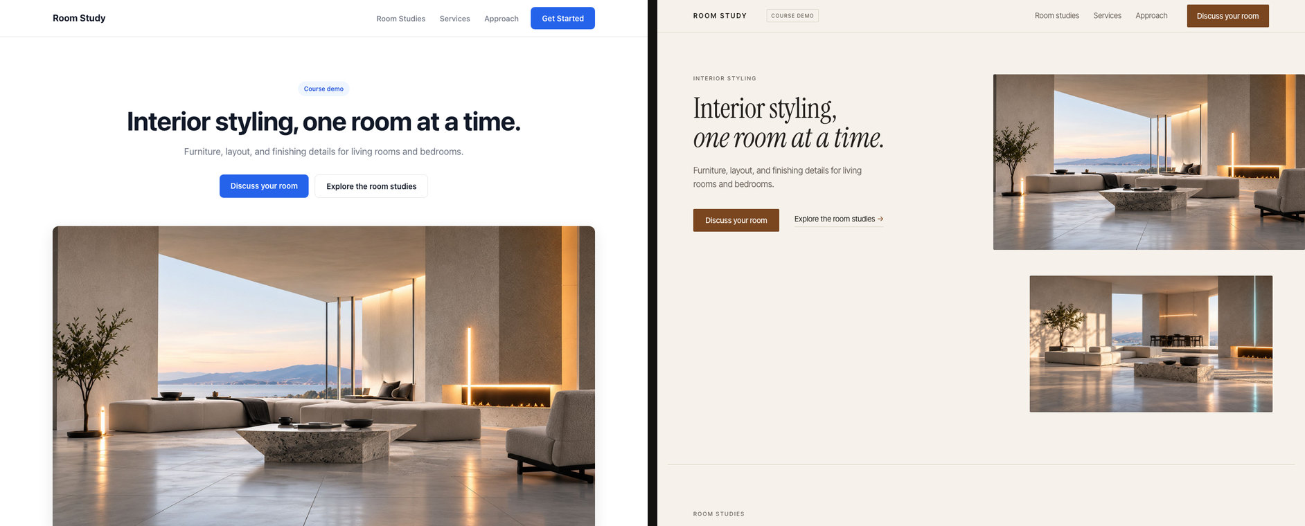 The same room study page built two ways, side by side. On the left the default version, on the right the same content with the design decisions made.