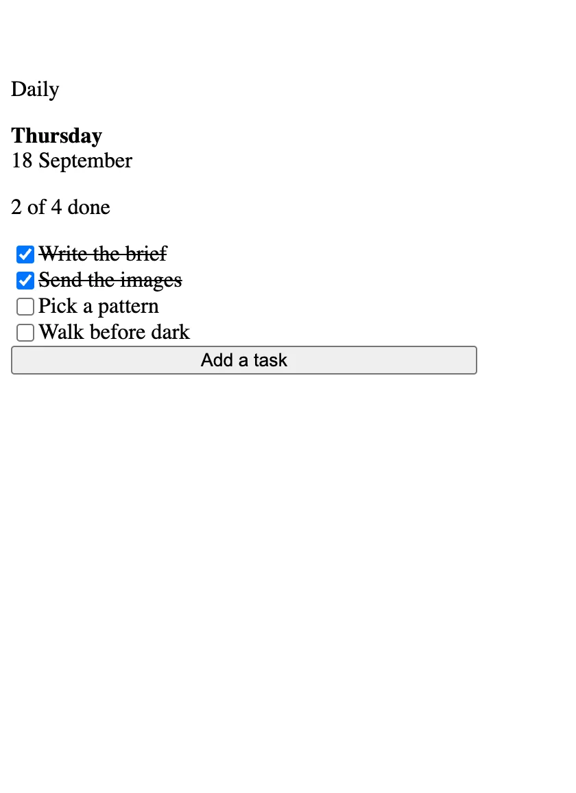 The same task list with no kit applied, using default browser styles