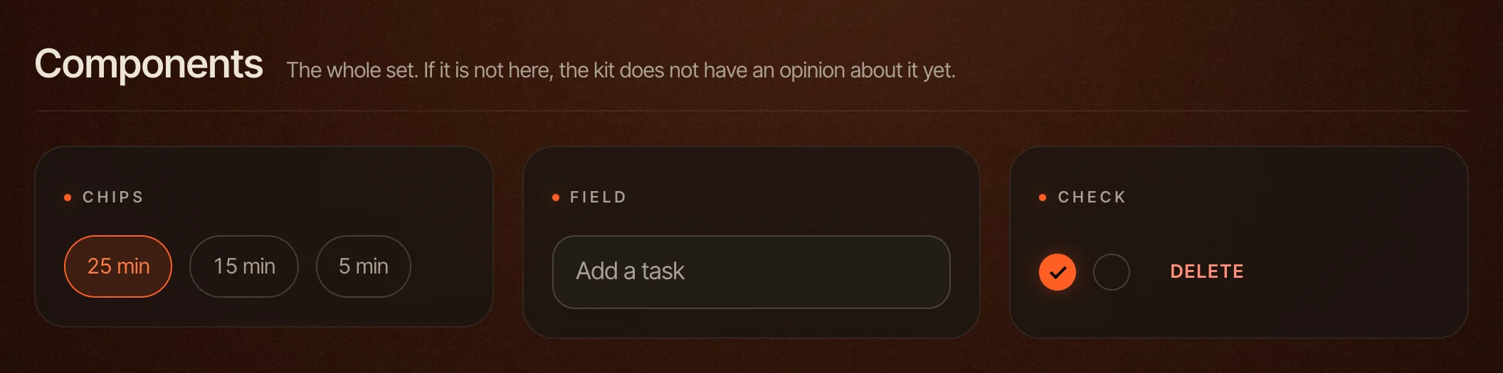 The Components section of a Brand Kit showcase page