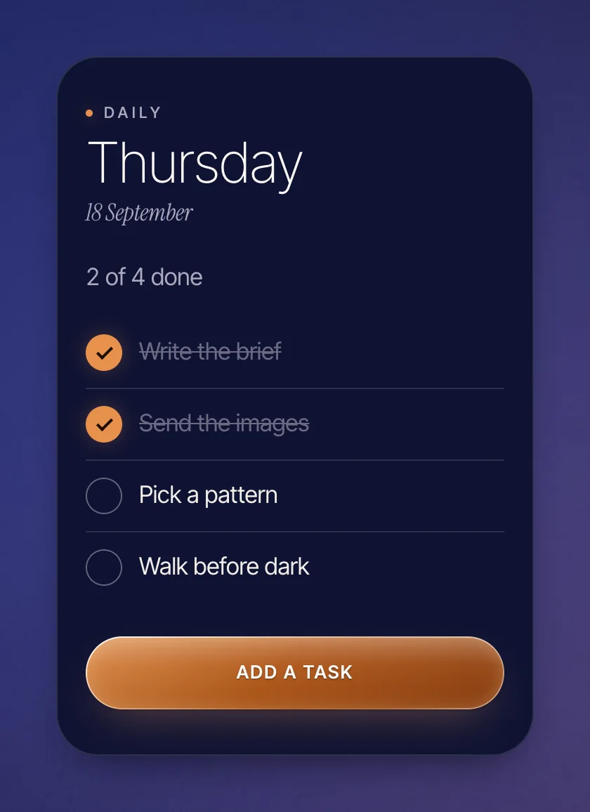 A daily task list styled with the Glass Brand Kit