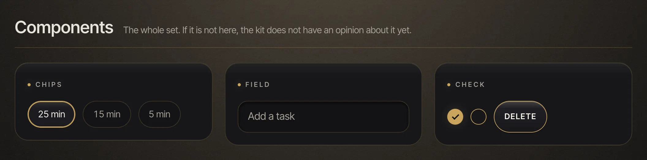 The Components section of a Brand Kit showcase page
