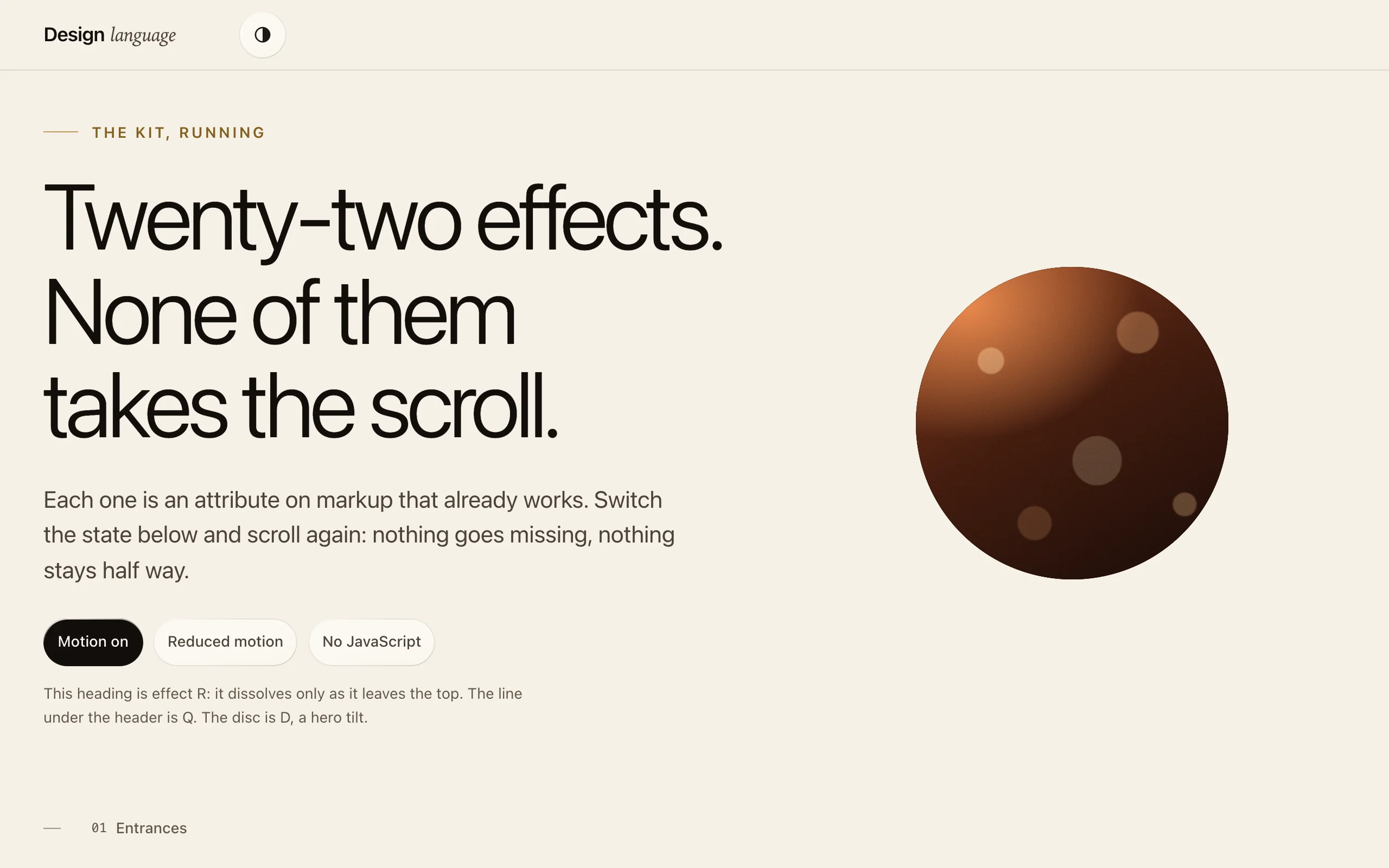 The Website Design System effects page with motion, reduced motion, and no JavaScript controls