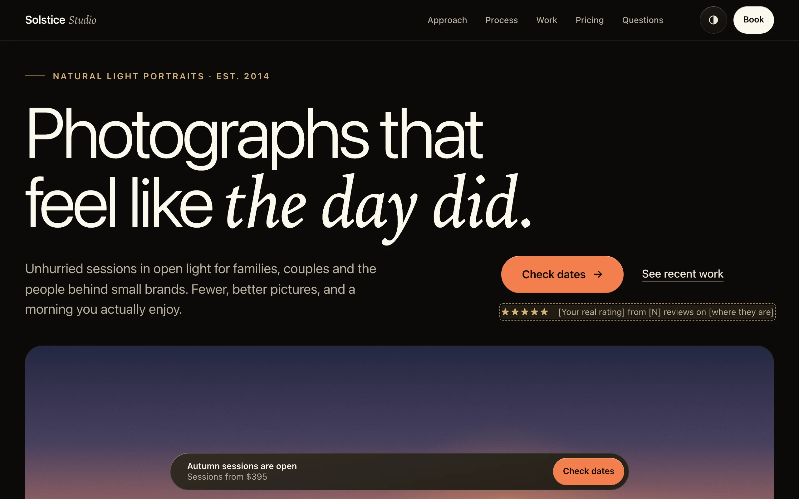The landing page template in its night skin