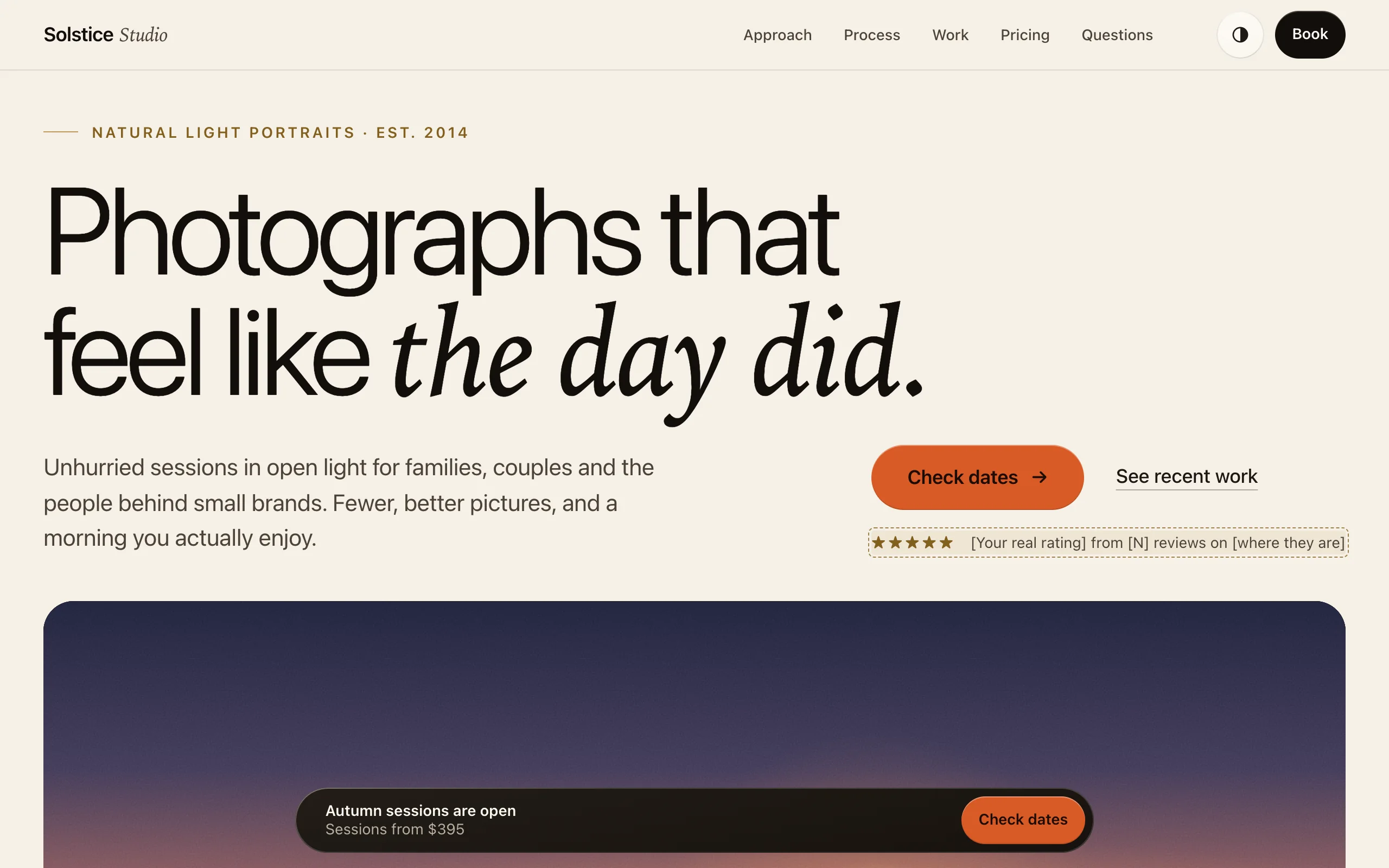 The landing page template in its light skin