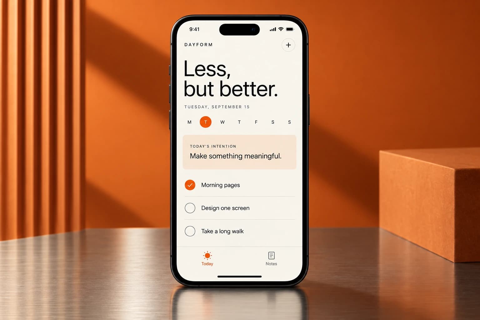 Dayform planning app concept with a daily intention and checklist on an iPhone against orange architecture