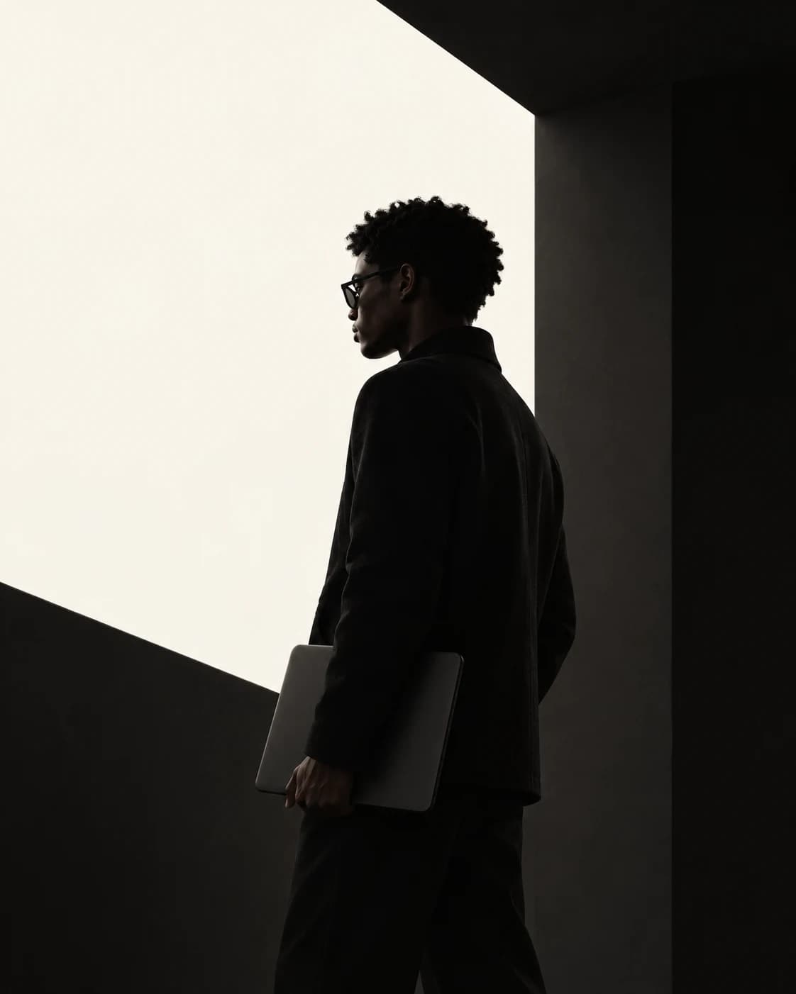 A figure carrying a laptop through a sunlit geometric interior