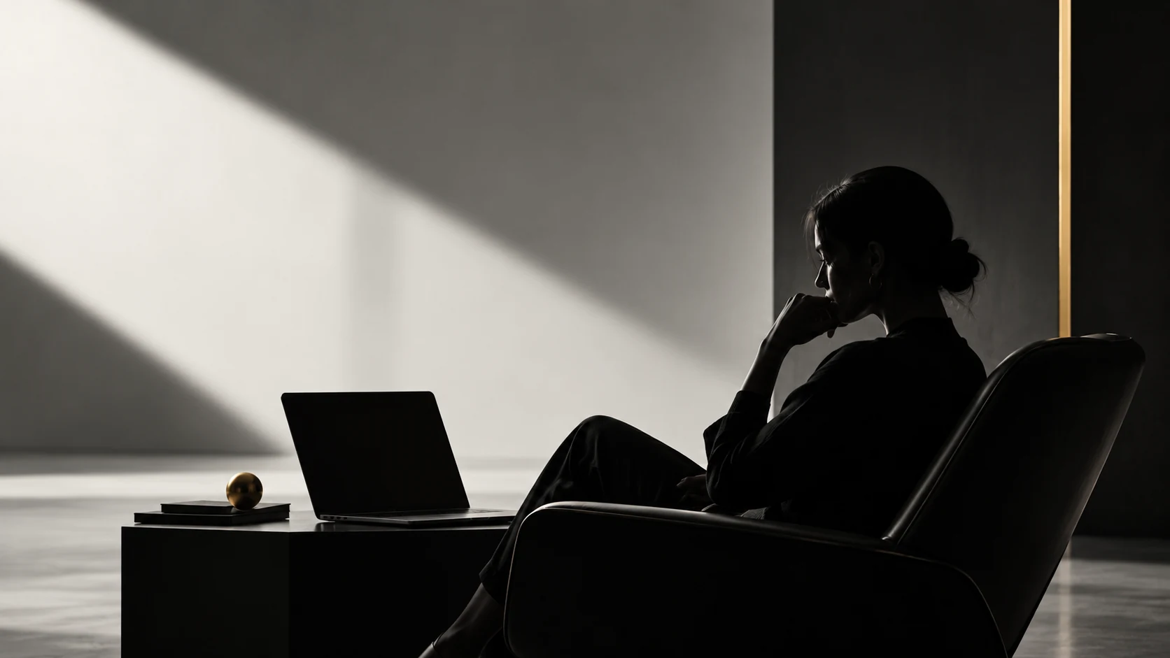 A person considering their work beside a laptop in a minimal room