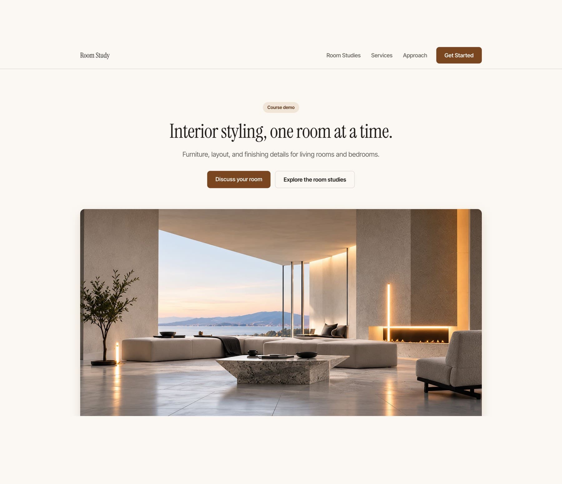 The finished Room Study website, the reference build for this course: a cream one page site headlined Interior styling, one room at a time, above a wide photograph of a styled living room at dusk