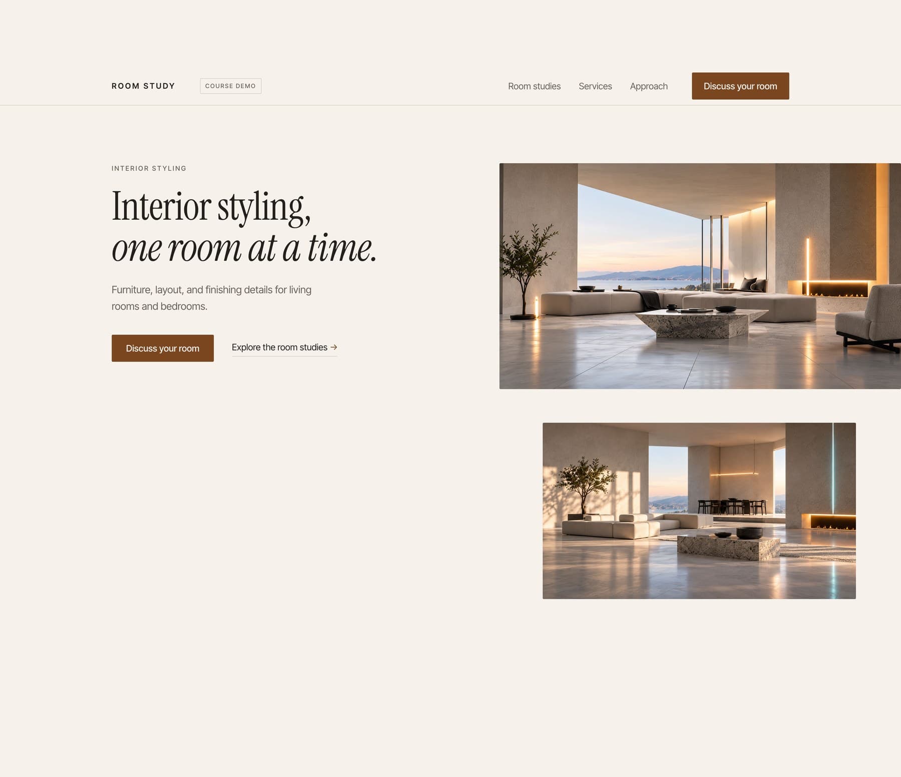 The Room Study website in its editorial treatment: a cream one page site headlined Interior styling, one room at a time, beside two warm photographs of a styled living room at dusk