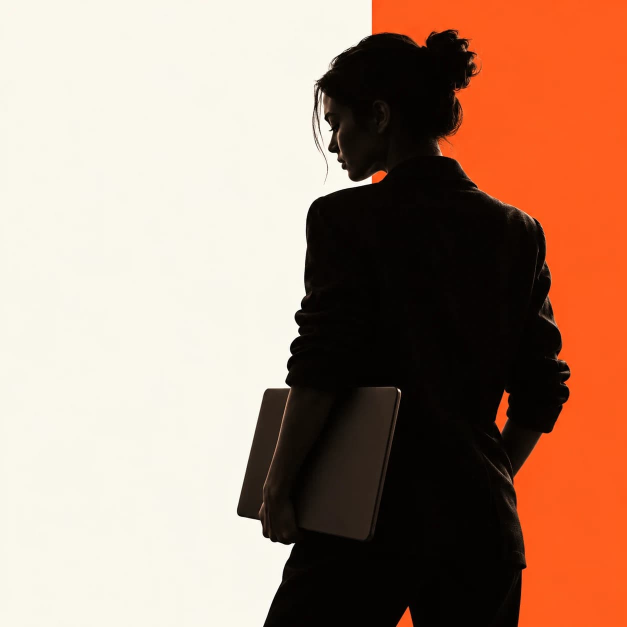 A figure holding a laptop between cream and orange architectural panels