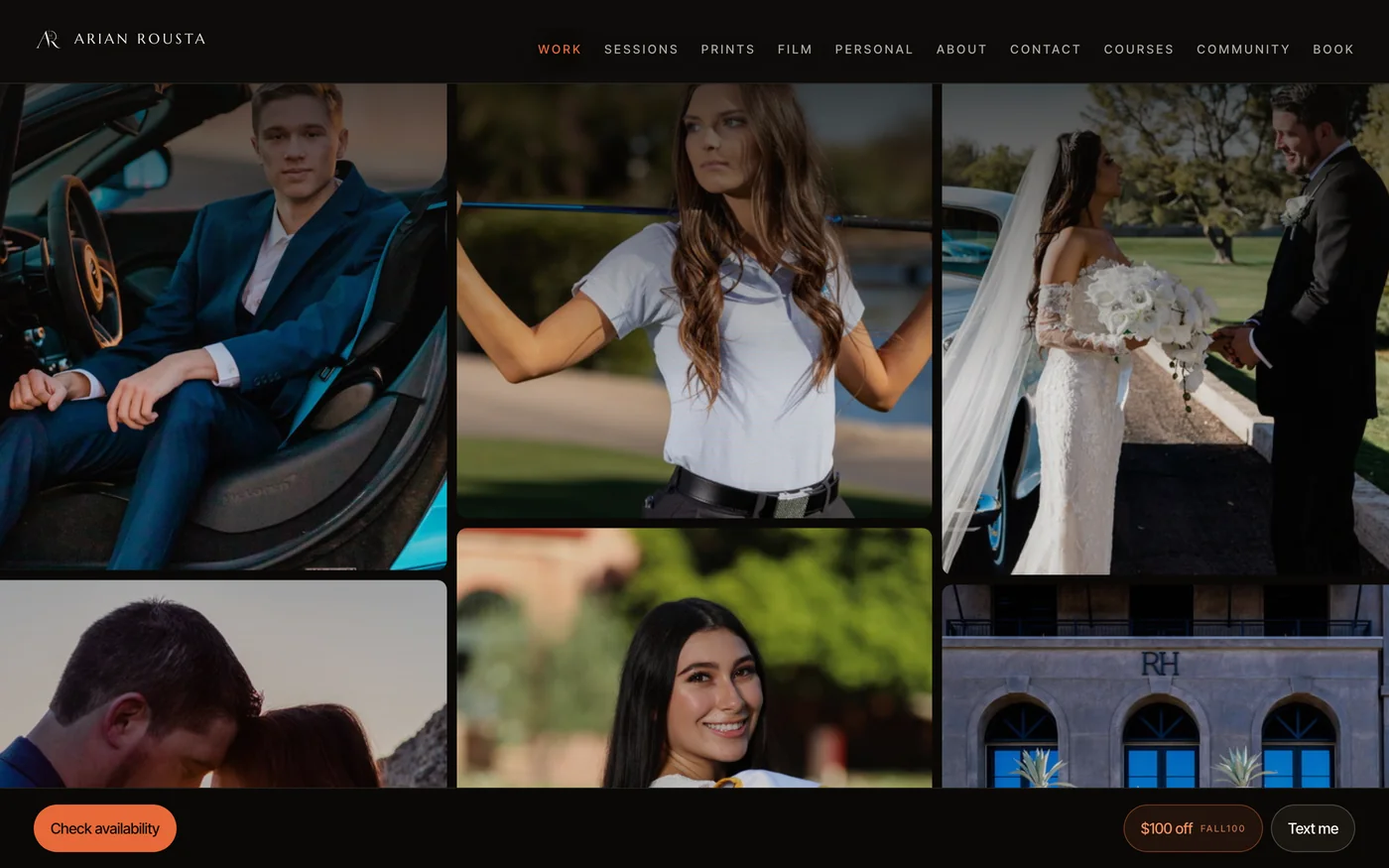 The work page, a full grid of portrait, wedding and event photography