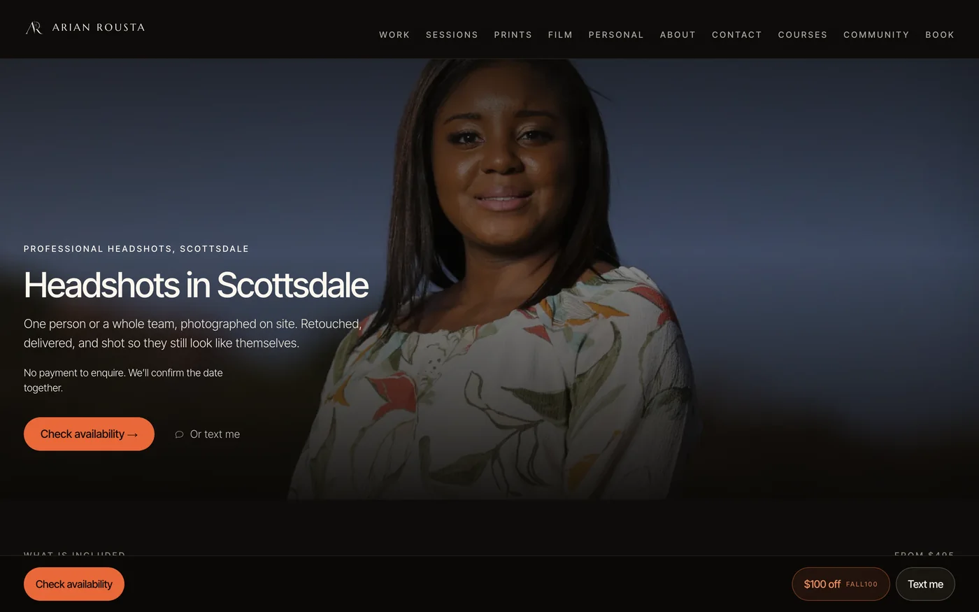 The headshots page, with what is included and how the sitting works