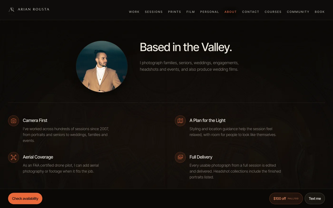 The about page, with how he works and what a session covers