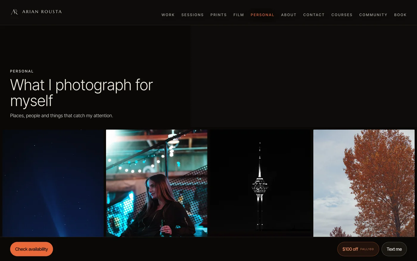 The personal page, a set of his own photographs outside client work