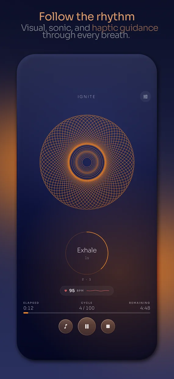 Follow the rhythm: a live Ignite session, the breath mark turning while the ring counts the phase