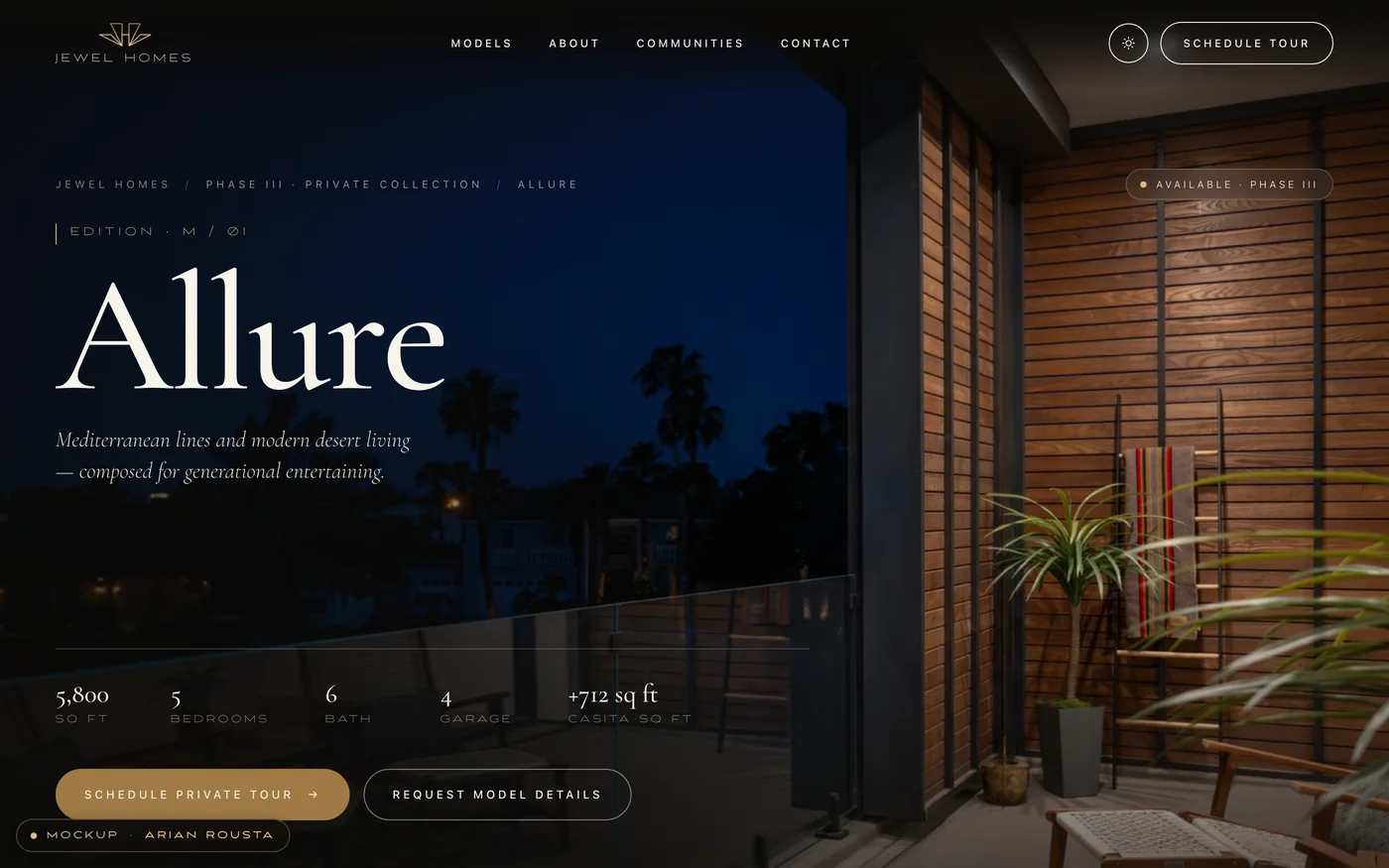 A model page, with its square footage, bedrooms, baths and garage spaces