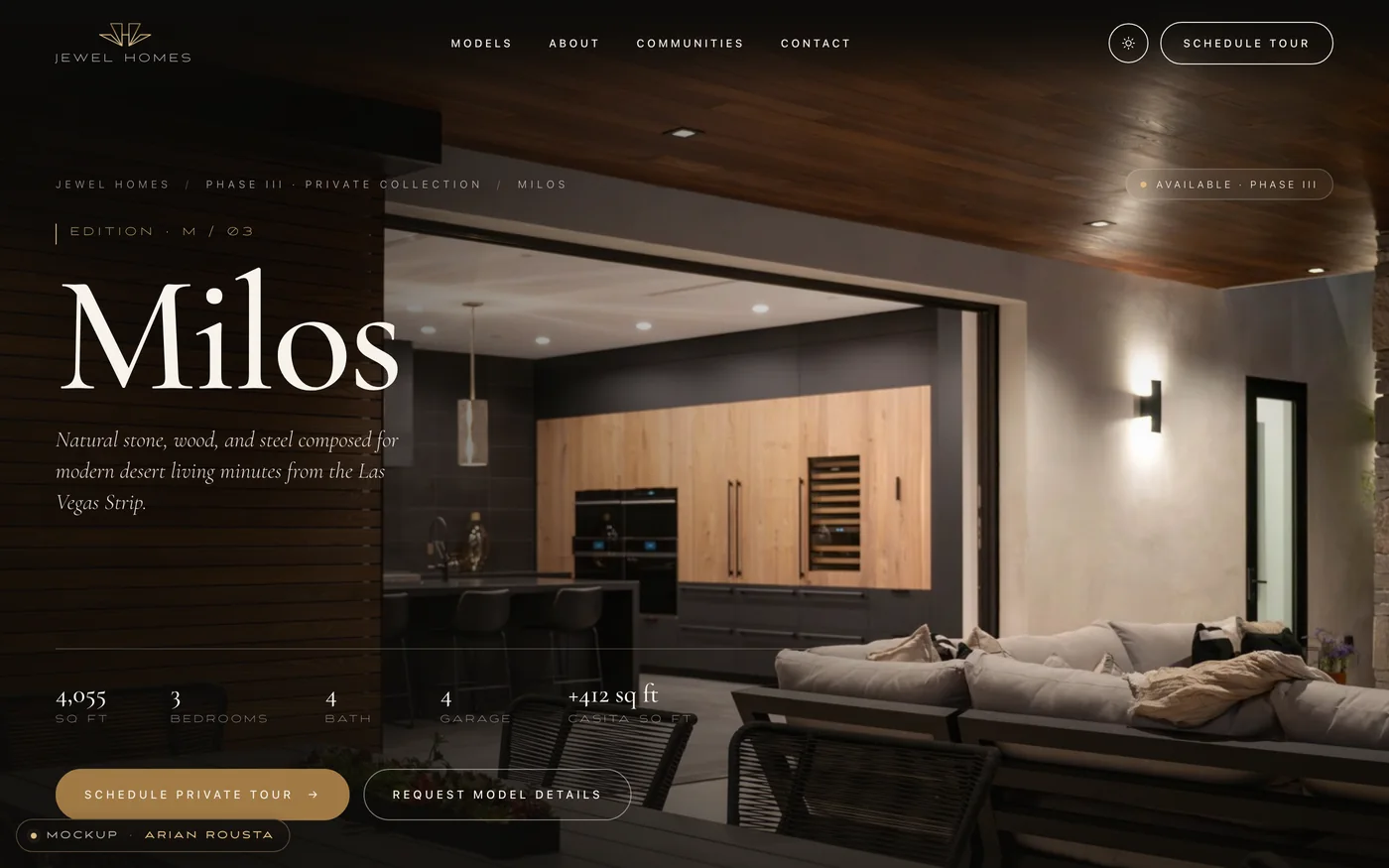 A second model page, natural stone and wood, shown through the kitchen and living room