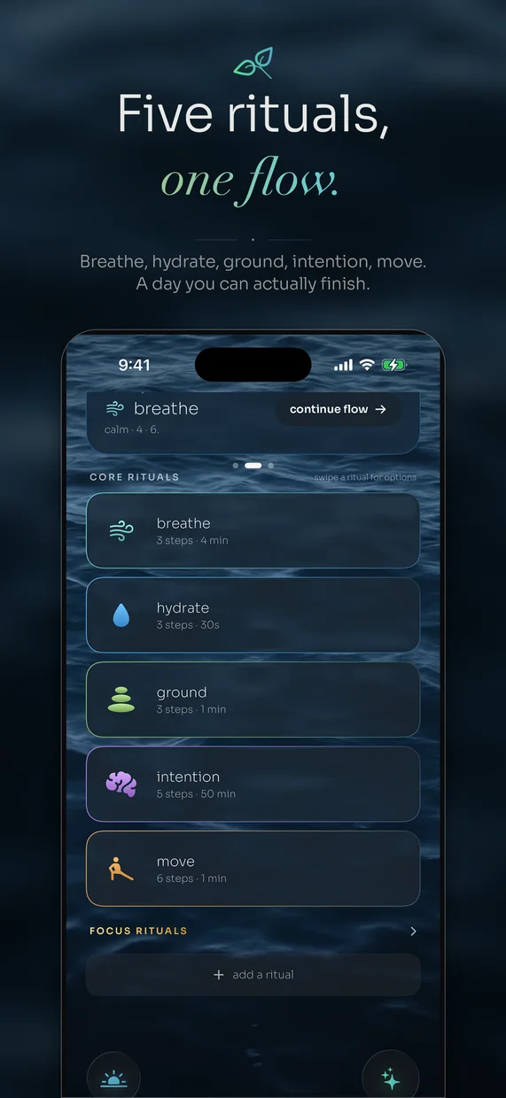 Five rituals, one flow: breathe, hydrate, ground, intention and move
