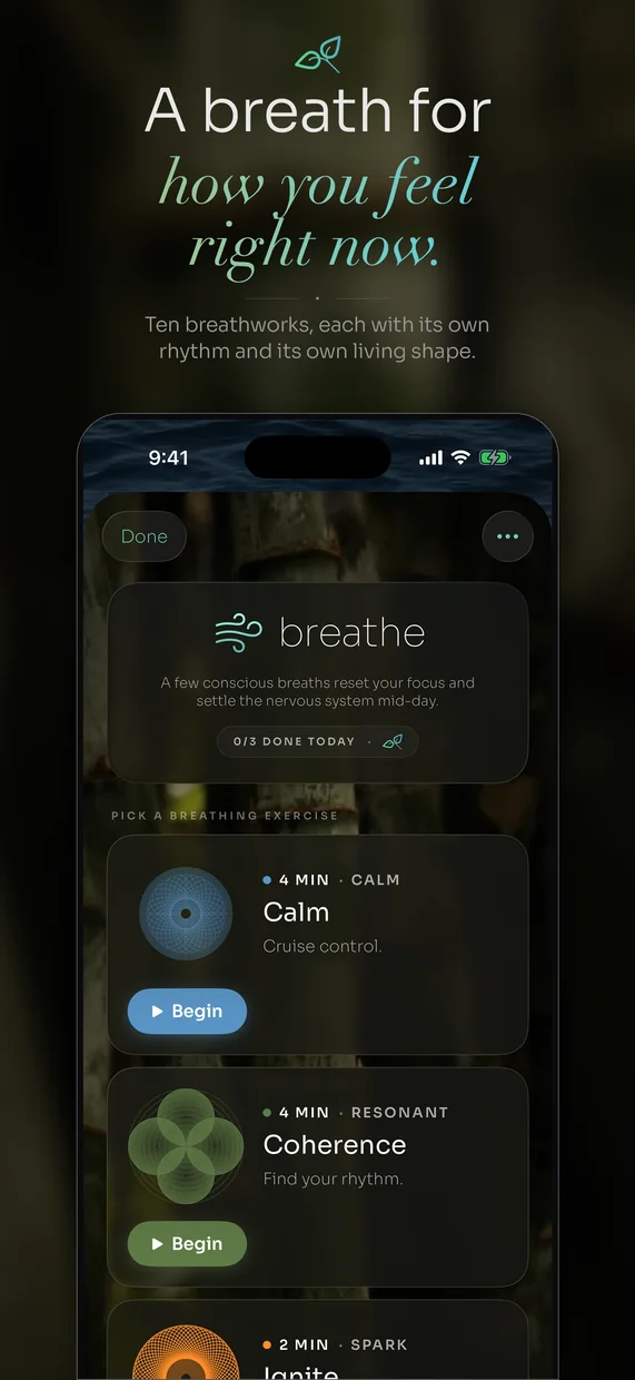 A breath for how you feel right now, ten breathworks each with its own rhythm and living shape