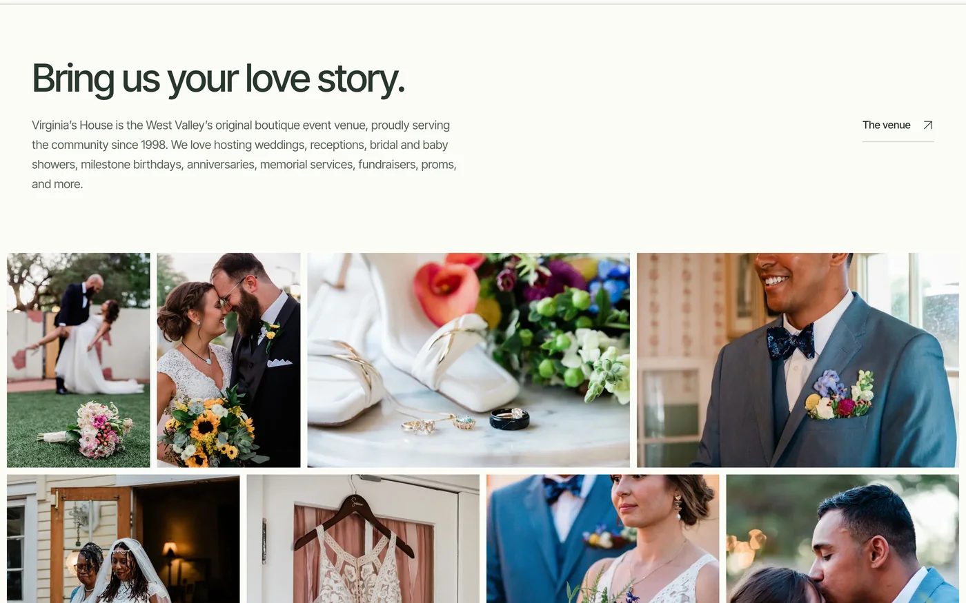 Bring us your love story, above a grid of wedding photographs from the venue