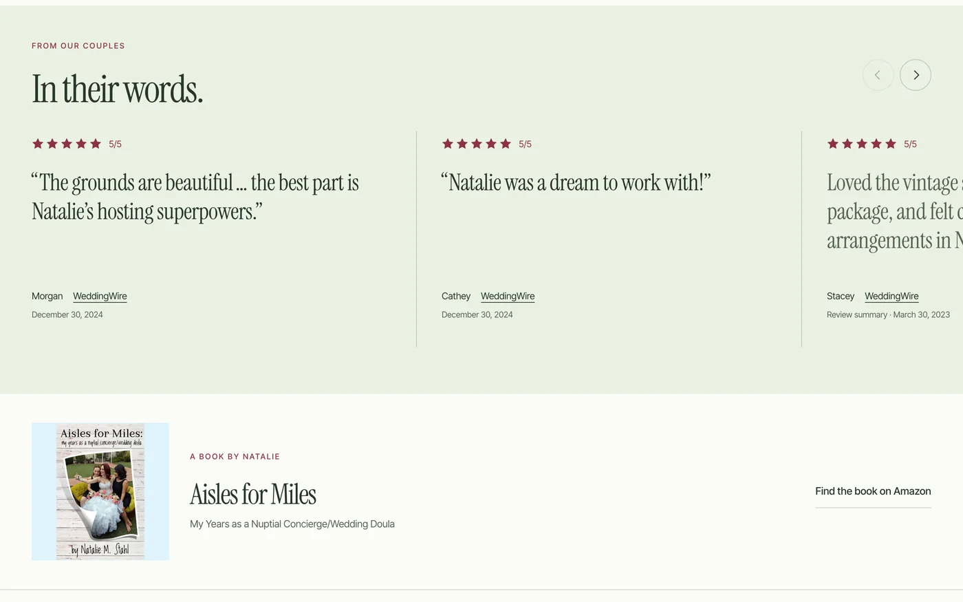 Reviews from real couples, and the closing invitation to come and see the house