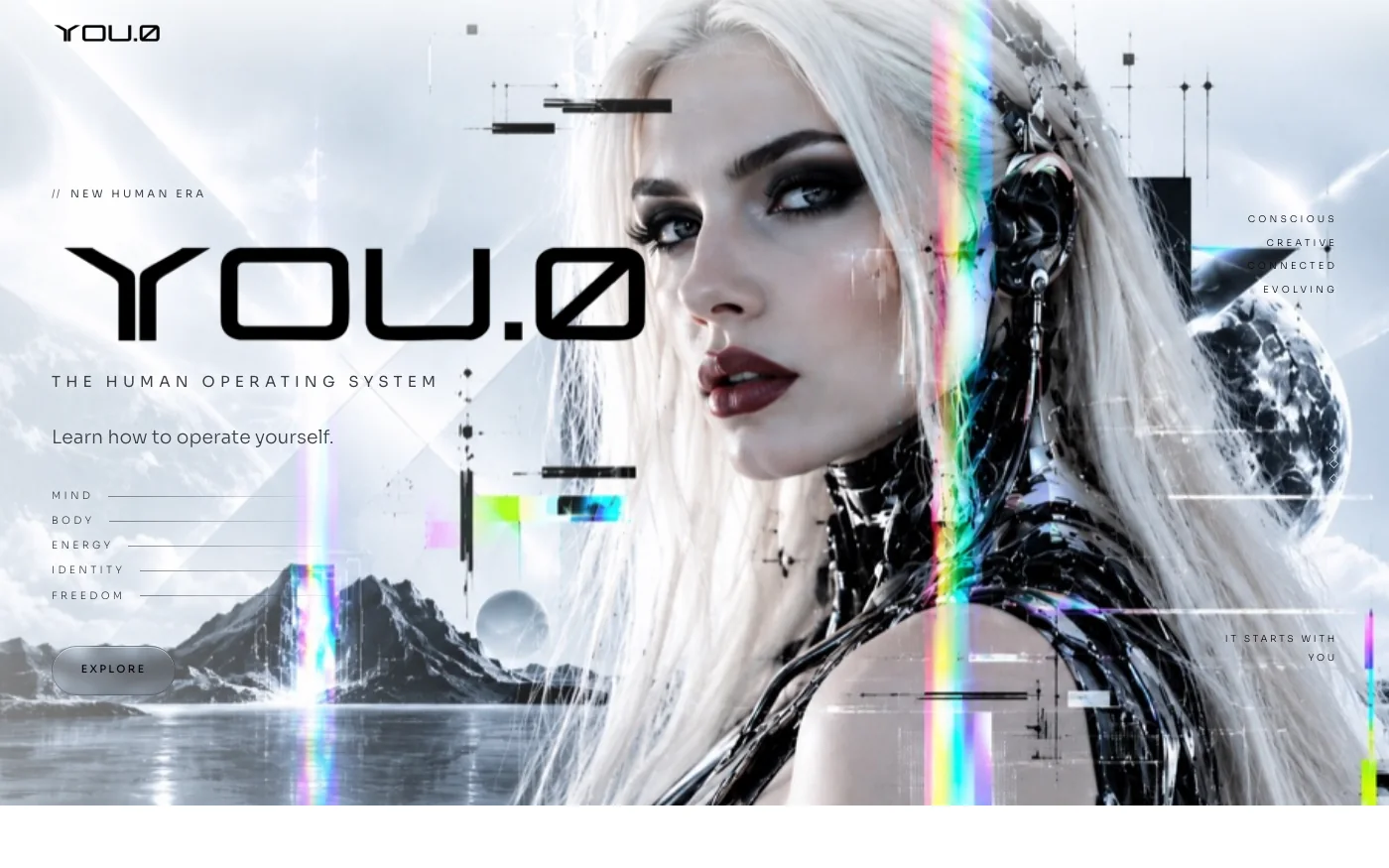 The YOU.0 home page, with its wordmark and artwork of a platinum-haired woman in prismatic light