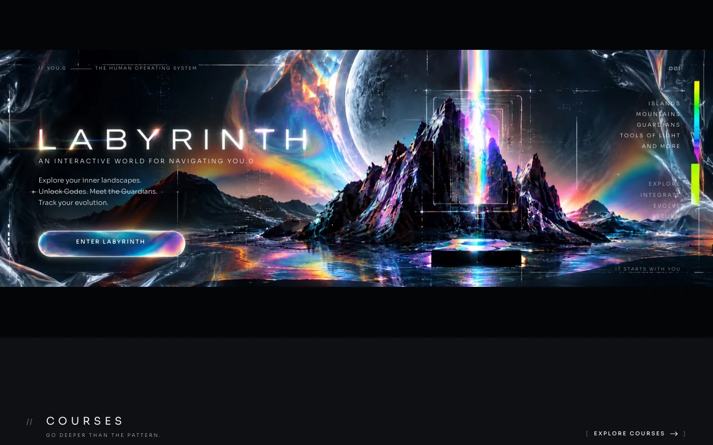 The Labyrinth section of the home page, with a mountain under a moon and a prismatic beam of light