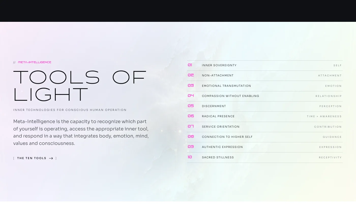 The Tools of Light section, with Meta-Intelligence text beside ten numbered tools on an iridescent background